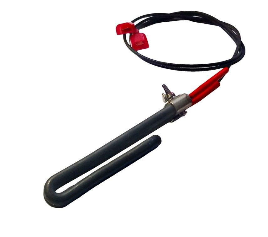 Electric heating element with black U-shaped metal rod and red connectors on white background