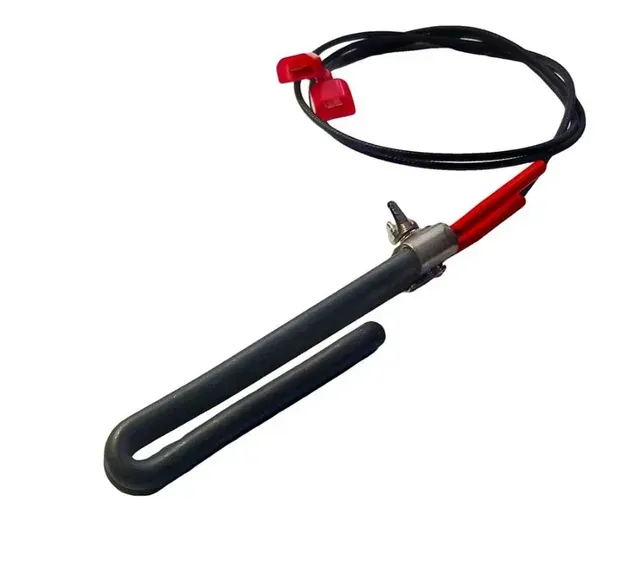 Black U-shaped immersion heater with red and black power cord on a white background