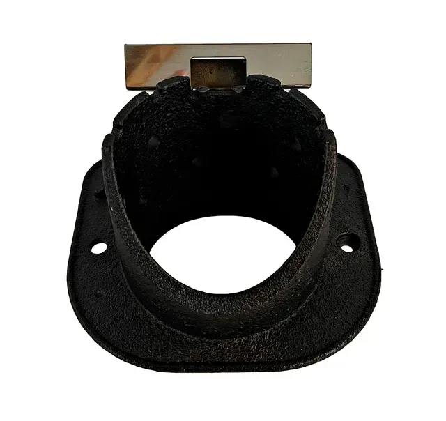 Black metal mounting bracket with a circular opening and two side holes, viewed on a white background