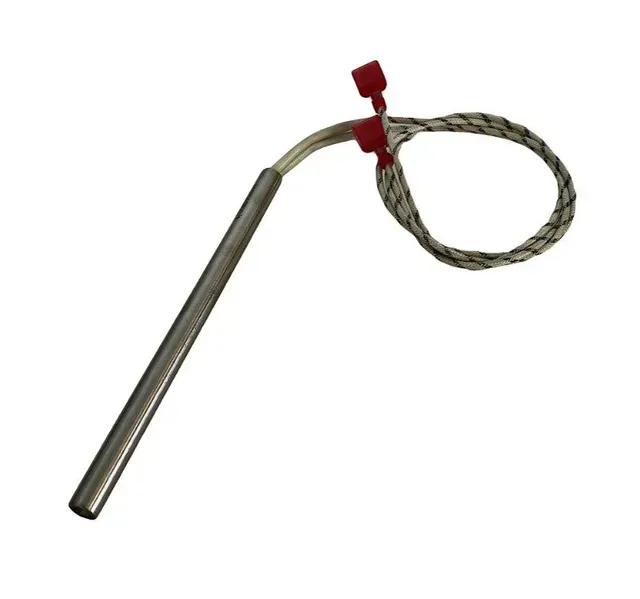 Braided wire rope with a red clamp attached to a metal rod on a white background