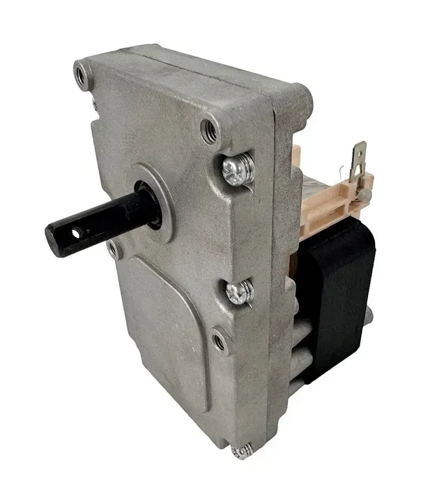 Gray electric motor with black shaft, shown in close-up on a white background