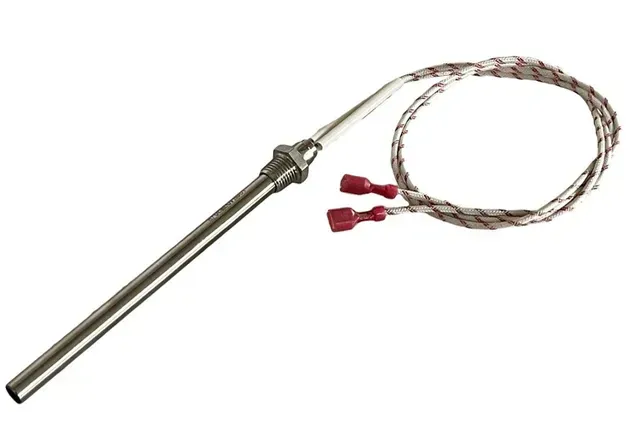 Stainless steel immersion heater with coiled braided cable and red connectors
