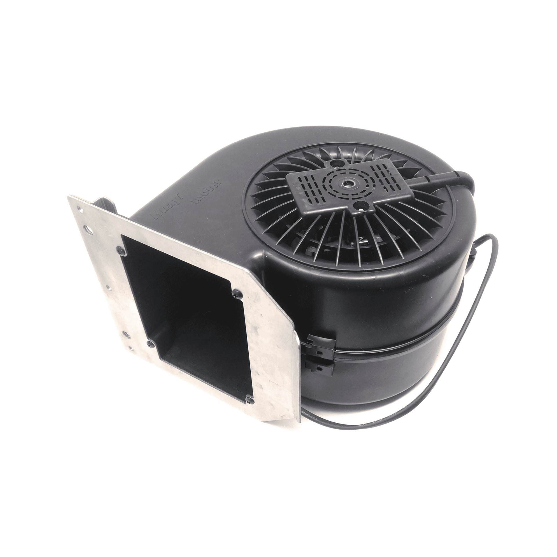 Black centrifugal blower fan with rectangular metal mounting flange on a white background
