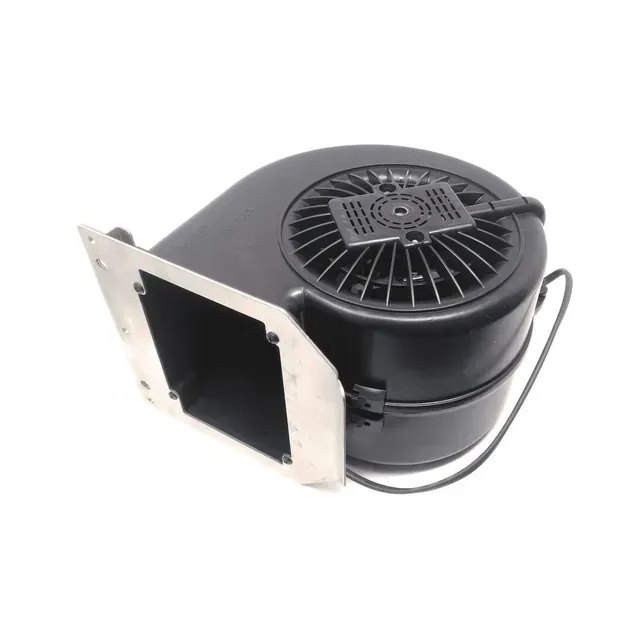 Black blower fan motor with metal mounting flange on a white background