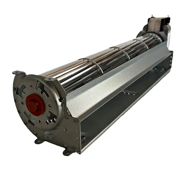 Industrial cylindrical blower assembly with shiny metal housing and red end cap on a white background