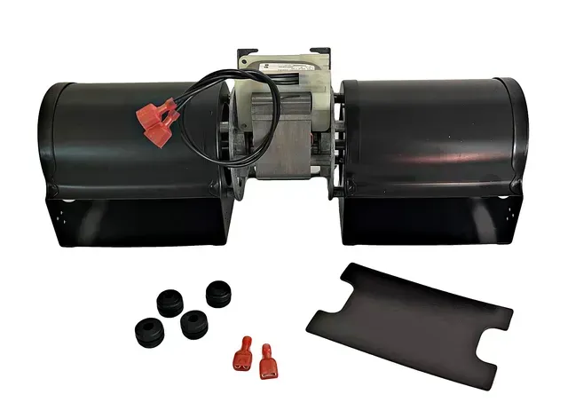 Black dual-blower motor assembly with wiring connectors and mounting parts on a white background