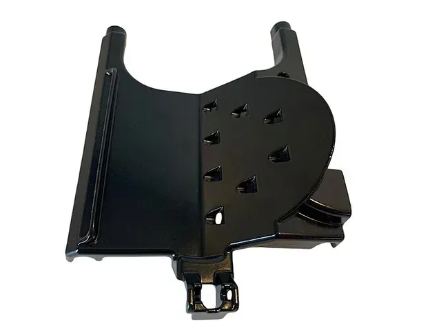 Black metal mounting bracket with holes and side flanges on a white background