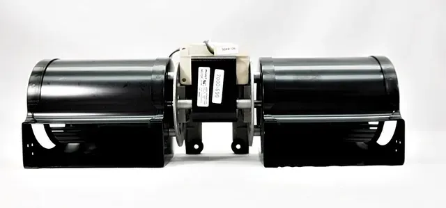Black dual-cylinder mechanical device with a central connector on a white background