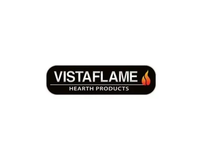 Vistaflame Hearth Products logo on a black rounded rectangle with white text and orange flame icon
