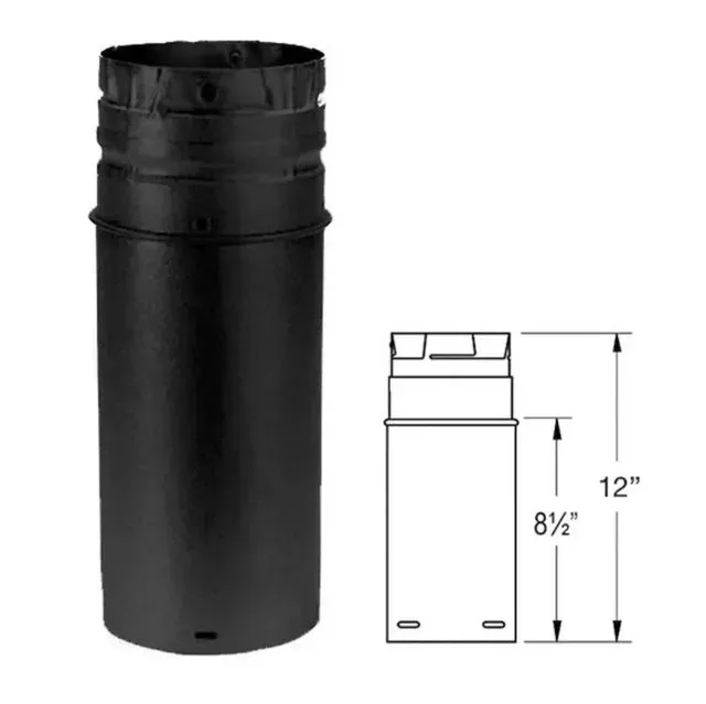 Black cylindrical vent pipe with dimensions shown, 12 inches tall and 8½ inches wide.