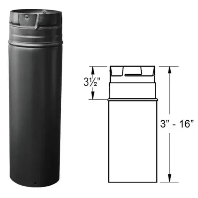 Black cylindrical container with cap and dimensions labeled 3½ inches wide, 3 to 16 inches tall