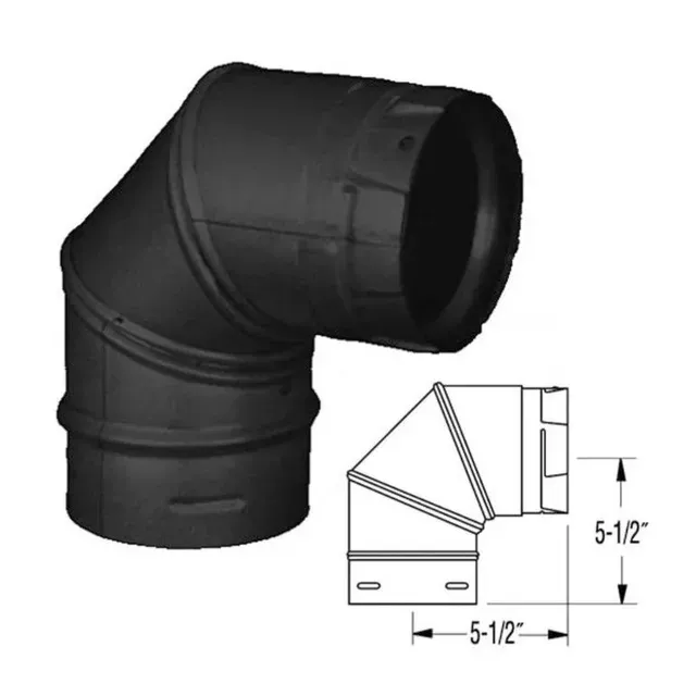 Black 90-degree vent elbow fitting with 5-1/2-inch dimensions shown in a small diagram