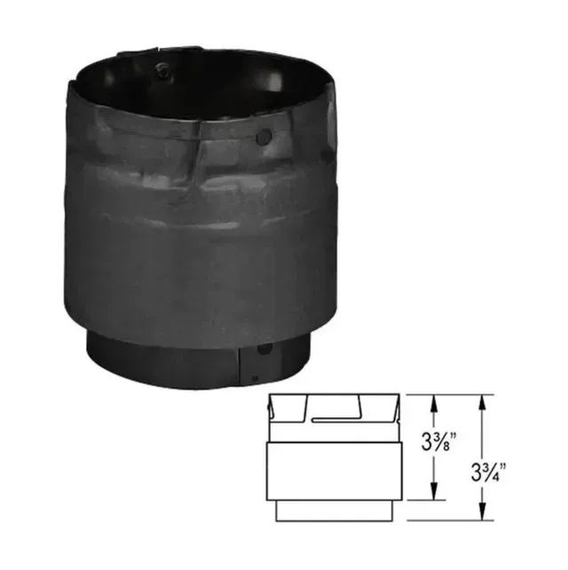 Black cylindrical pipe fitting with a small dimension diagram showing 3⅜ in. and 3¾ in. measurements
