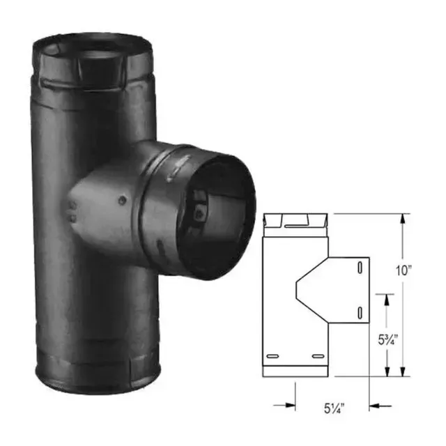 Black plastic duct pipe tee with side branch, shown with a small dimension drawing beside it.