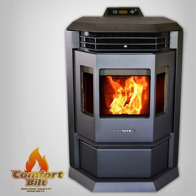 Black pellet stove with bright orange flames burning in a front glass window.