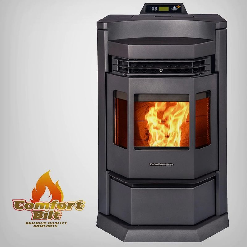 Black pellet stove with bright orange flames, centered on a white background.
