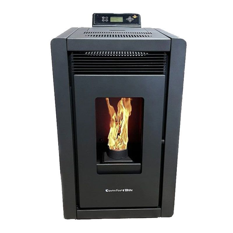 Black pellet stove with a small flame visible in the front window