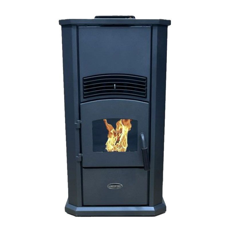 Black wood-burning stove with a visible fire in the front window.