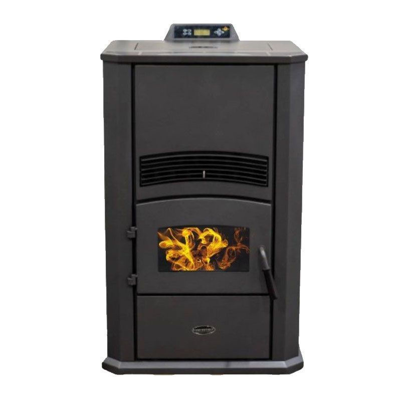 Black freestanding wood stove with a glass door showing flames inside