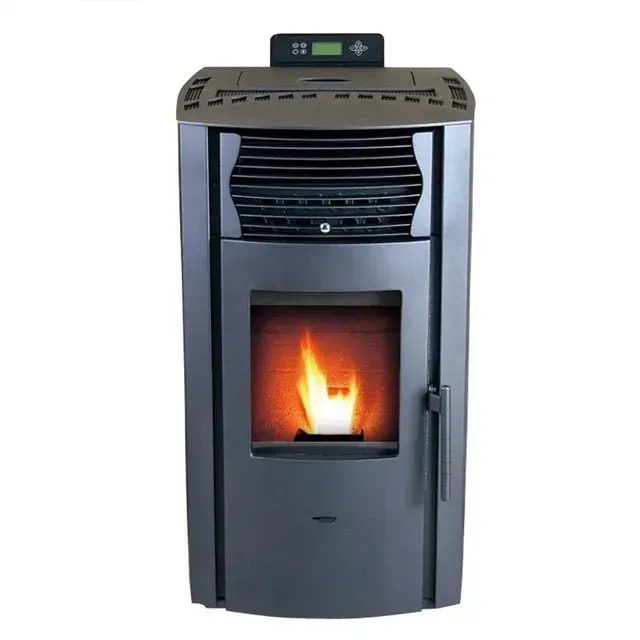 Black pellet stove with visible orange flame and digital control panel on top