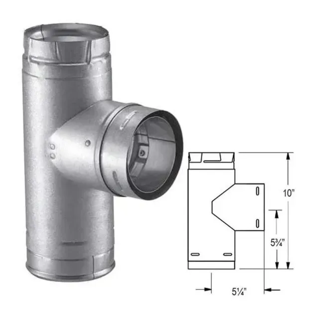 Metal HVAC duct branch fitting with side round outlet and dimensioned technical drawing.