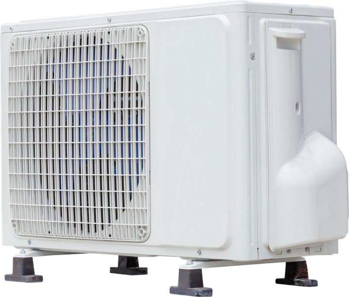 A white air conditioner is sitting on a white background.