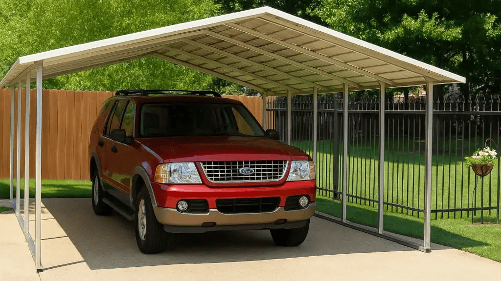 Red SUV parked under a beige carport on a concrete surface. Backyard setting with a wooden fence.