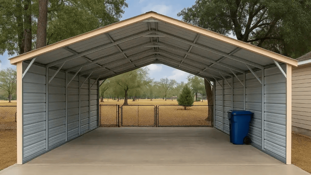 Metal carport with open sides, light beige trim, concrete floor, blue trash can.