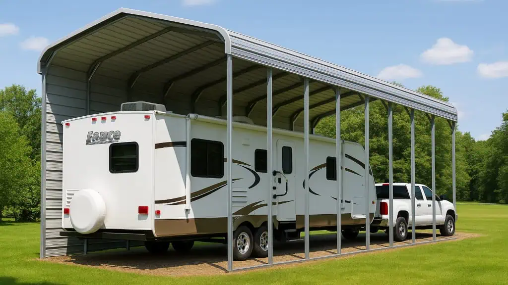 RV and truck parked under a steel carport on a grassy lawn.