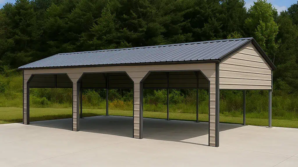 Carport with gray roof and tan siding on a concrete pad in front of trees.