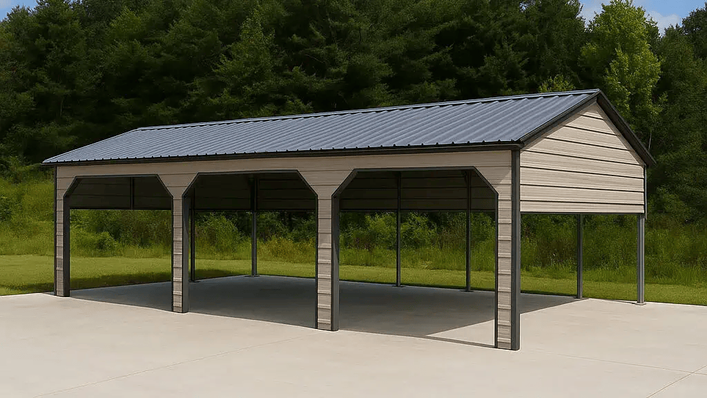 A gray metal carport with open sides, sitting on a concrete pad in front of trees.