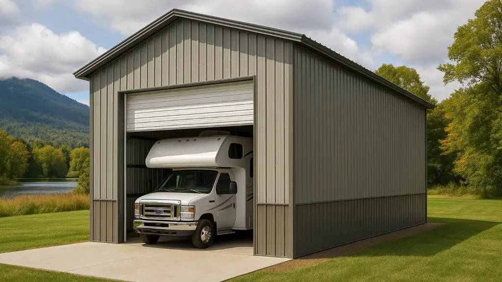 A gray metal RV garage with a white RV inside, set against a backdrop of nature.