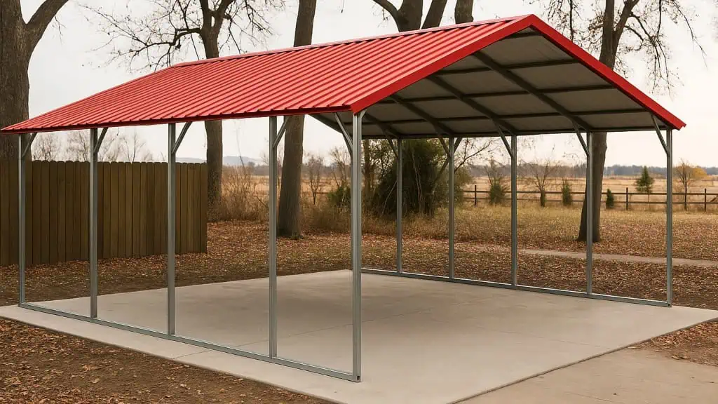 Red-roofed carport on a concrete pad; set outdoors, with trees and a fence in the background.