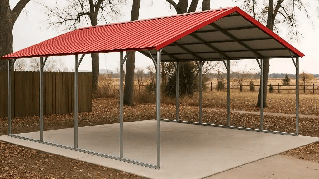 Red-roofed carport on a concrete slab; set in a rural area with trees, fence, and field.