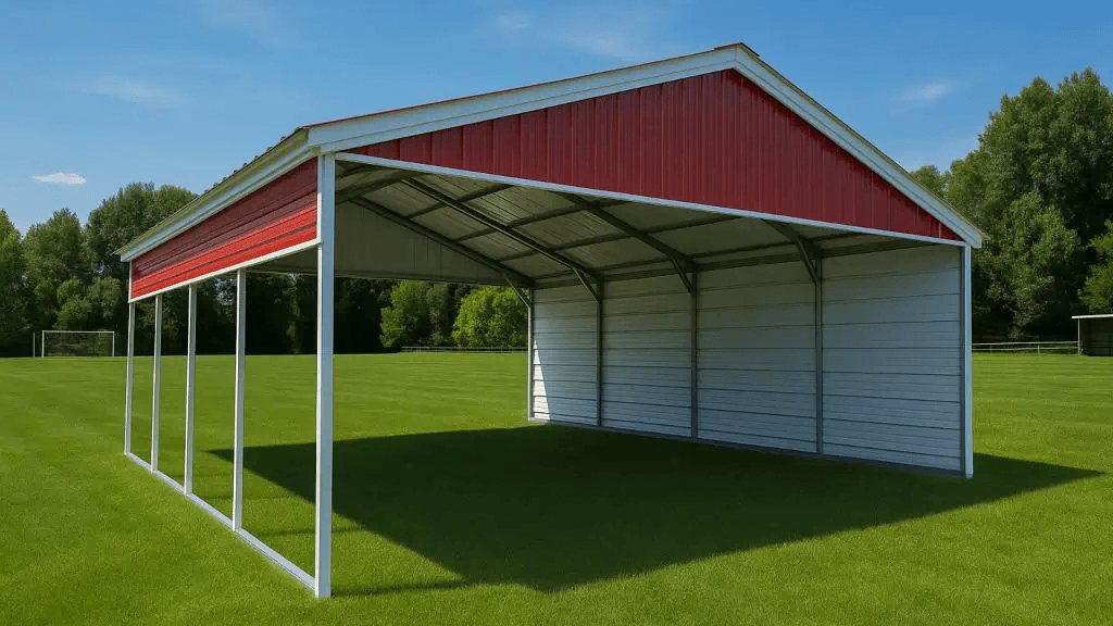 Red and white metal carport on a grassy field.