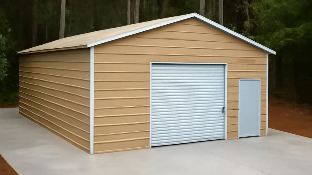 Tan metal garage with a roll-up door and a side door on a concrete slab.