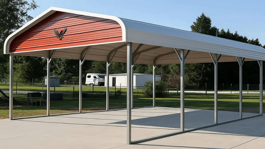 Metal carport with red gable, sheltering a concrete pad outdoors.
