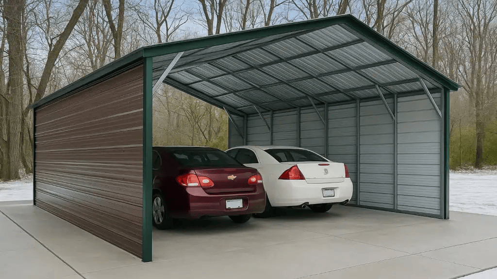 Brown and green metal carport sheltering two cars on a concrete surface. Snowy background.