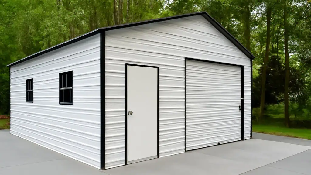 White metal garage with black trim, featuring a roll-up door, walk-in door, and small window.
