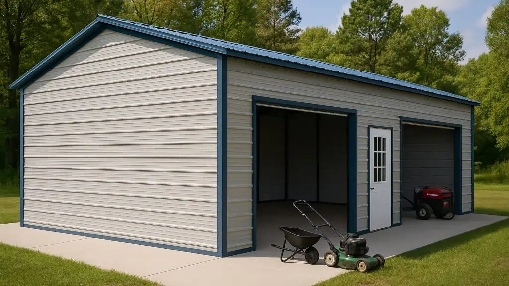 Two-car gray metal garage with blue trim and roof, concrete pad, open bays, and small entry door.