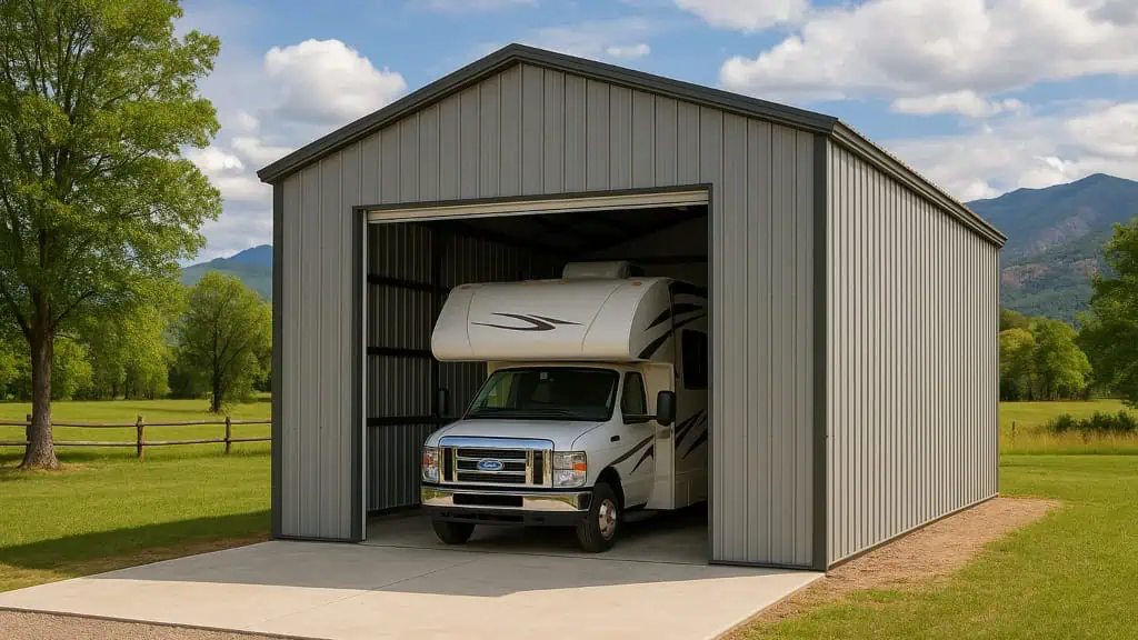 Gray metal RV garage with a white RV inside, on a concrete pad, surrounded by grass and trees.