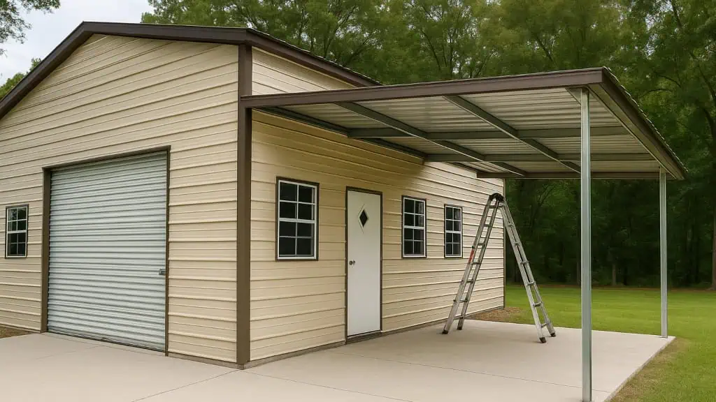 Tan metal building with brown trim, attached carport, and ladder.