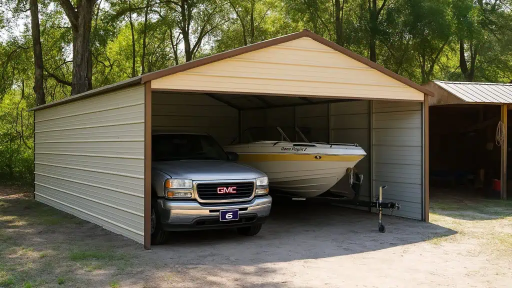 A silver pickup truck and boat in a beige metal carport, set against a wooded area.