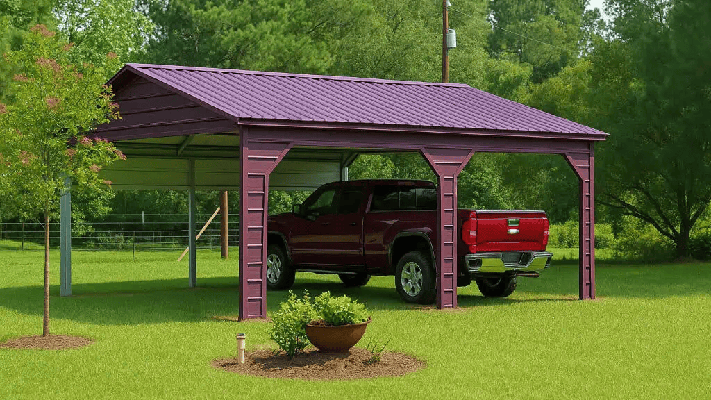 Purple carport sheltering a maroon pickup truck in a grassy yard.