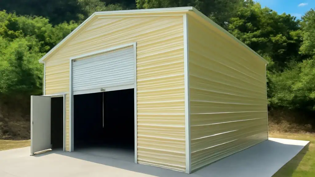 Yellow metal garage with roll-up door open, small entry door ajar, set on concrete, surrounded by trees.