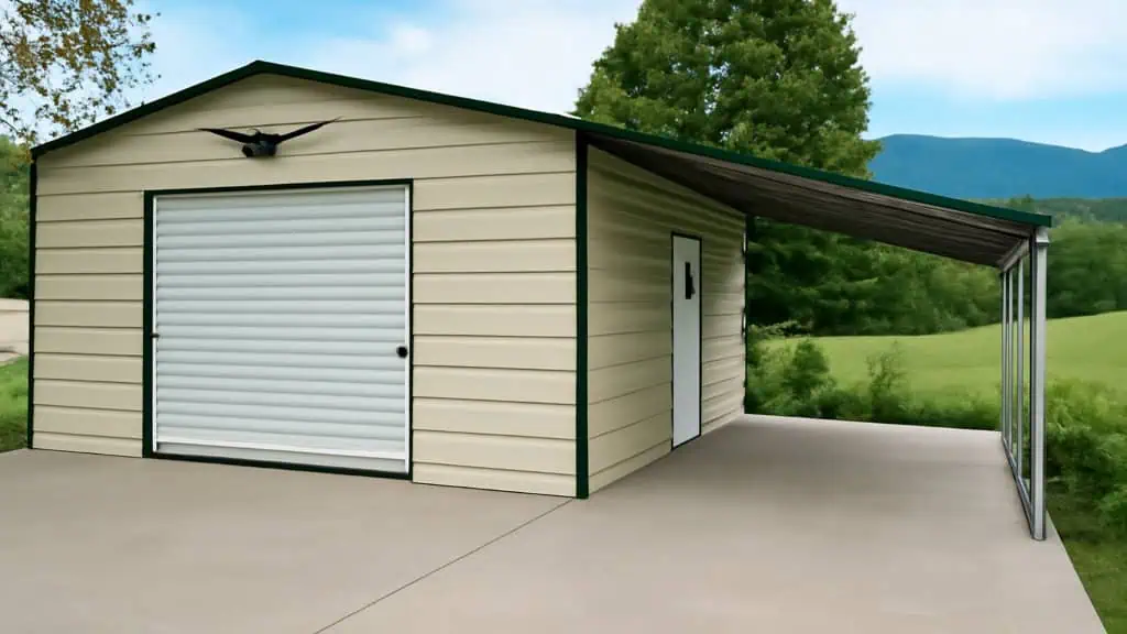 Tan metal building with green trim, garage door, carport, and white door on concrete.