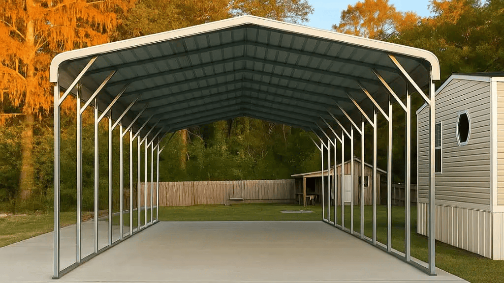 Metal carport with a gray roof on a concrete pad in a yard.