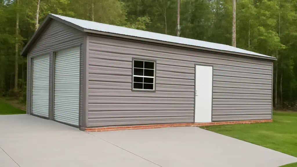 Gray metal garage with two garage doors, a window, and a side door on a concrete pad.