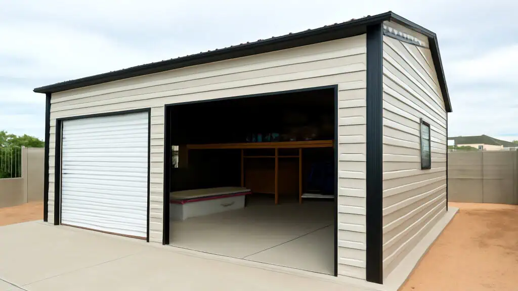 Tan metal garage with black trim, open garage door, and interior storage.