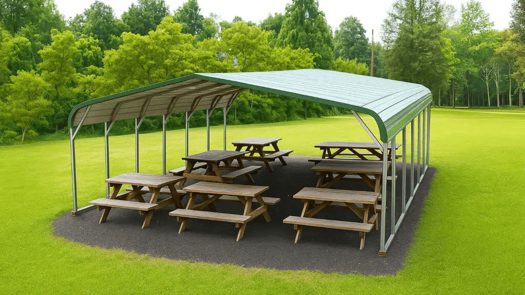 Picnic tables under a green-roofed metal shelter in a grassy area.